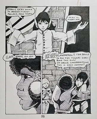 Image shows a 3-pane,l black and white comic page