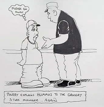 Image shows a cartoon version of Barry asking a grocer about hummus