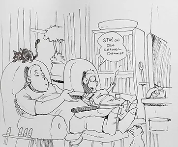 Image shows Barry and Colin relaxing in armchairs