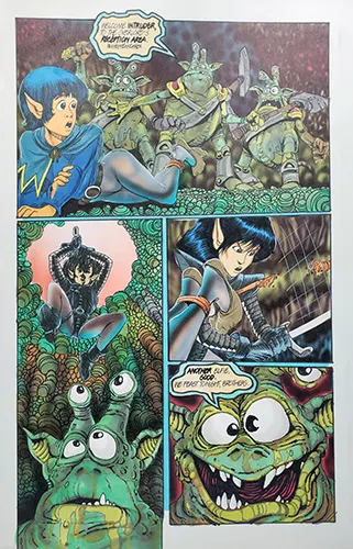 Image shows a 4-panel, color comic page of Hawk saving Bran from a monster